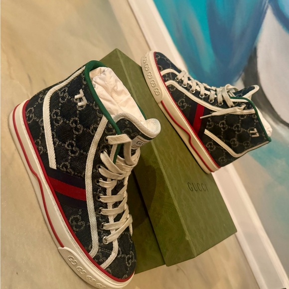 Gucci Red and Denim High-Top Sneakers - Picture 1 of 4